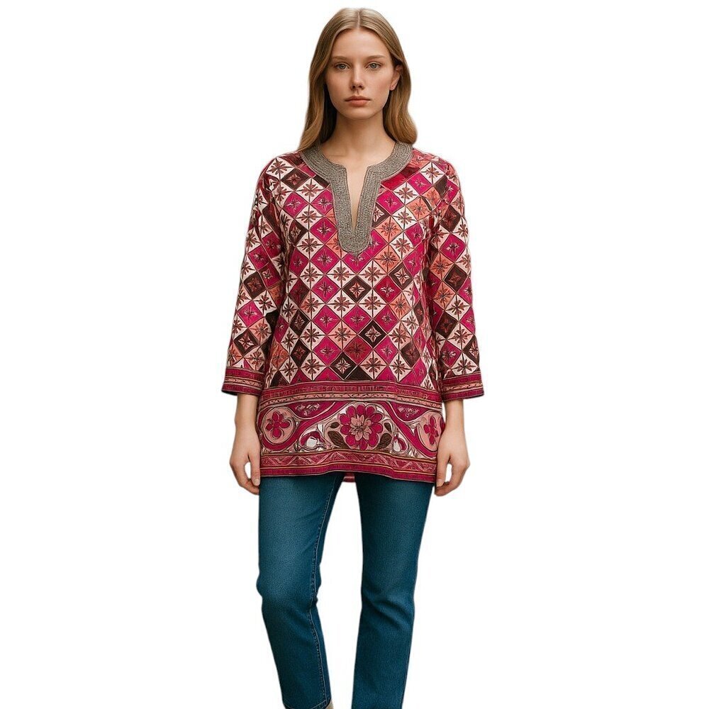 Tory Burch Silk Tunic Blouse Top XS Embellished Long Sleeve V-Neck Multicolor